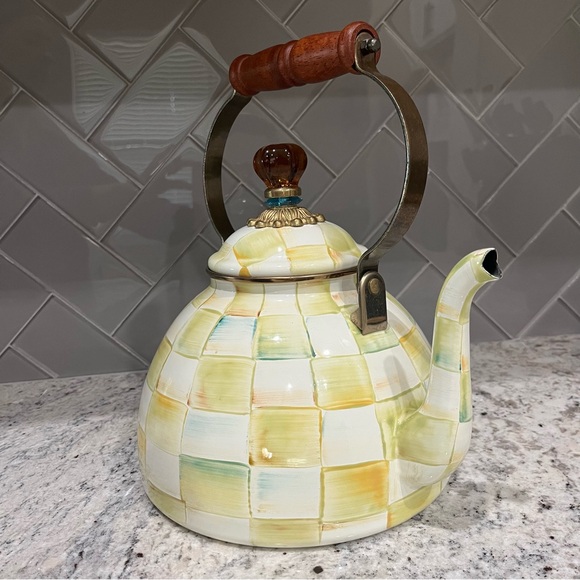 MacKENZIE CHILDS 3QT PARCHMENT CHECK TEA KETTLE - Picture 6 of 12